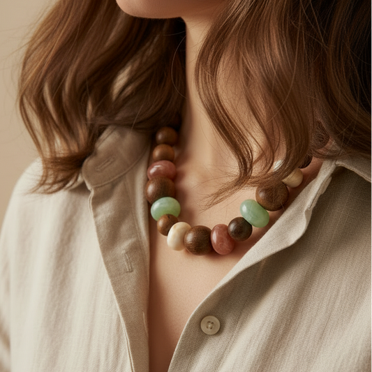 collar de bolas de madera y PIEDRA NATURAL para verano con colores beige, verde menta, rosa, marron. eS AJUSTABLE PARA QUE PUEDAS LLEVARLO CORTO O LARGO