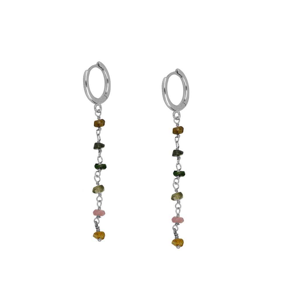 pendientes de aro con cierre fácil para piercing y cadenita colgante de piedra natural turmalina