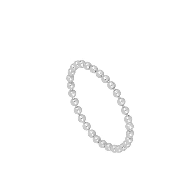 anillo fino elástico estilo boho con bolitas en plata de ley con baño de oro 18 kilates. Gold plated sterling silverl boho bead elastic ring. 