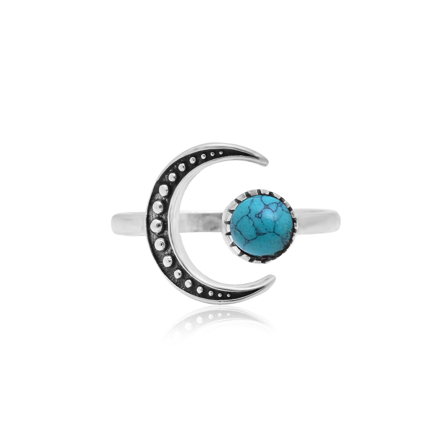 anillo ajustable con media luna y piedra turquesa. es de plata de ley 925. silver half moon turquoise adjustable ring