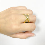 anillo ajustable cruzado ancho de plata de ley con baño de oro 18 kilates. gold plated sterling silver chunky crossed over ring