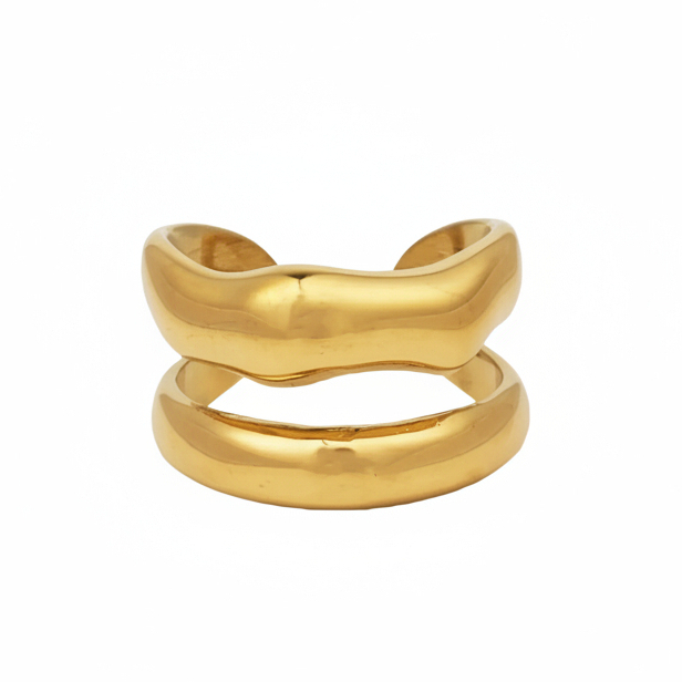 anillo boho ajustable,grande, dorado y resistente al agua ideal para  completar look de Invitada a bodas, bautizos y comuniones. está confeccionado en acero hipoalergénico y es la idea de regalo perfecto para el día de la madre o amigo invisible. Gold plated stainless steel adjustable waterproof ring