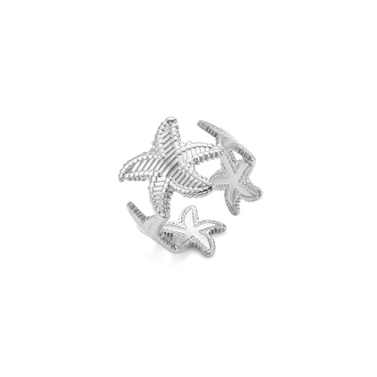 anillo ajustable para verano en forma de estrellas de mar. Puedes elegirlo en dorado o plateado y es resistente al agua. está confeccionado en acero hipoalergénico e inoxidable. Gold plated stainless steel adjustable waterproof satarfish ring. talla única ajustable. 