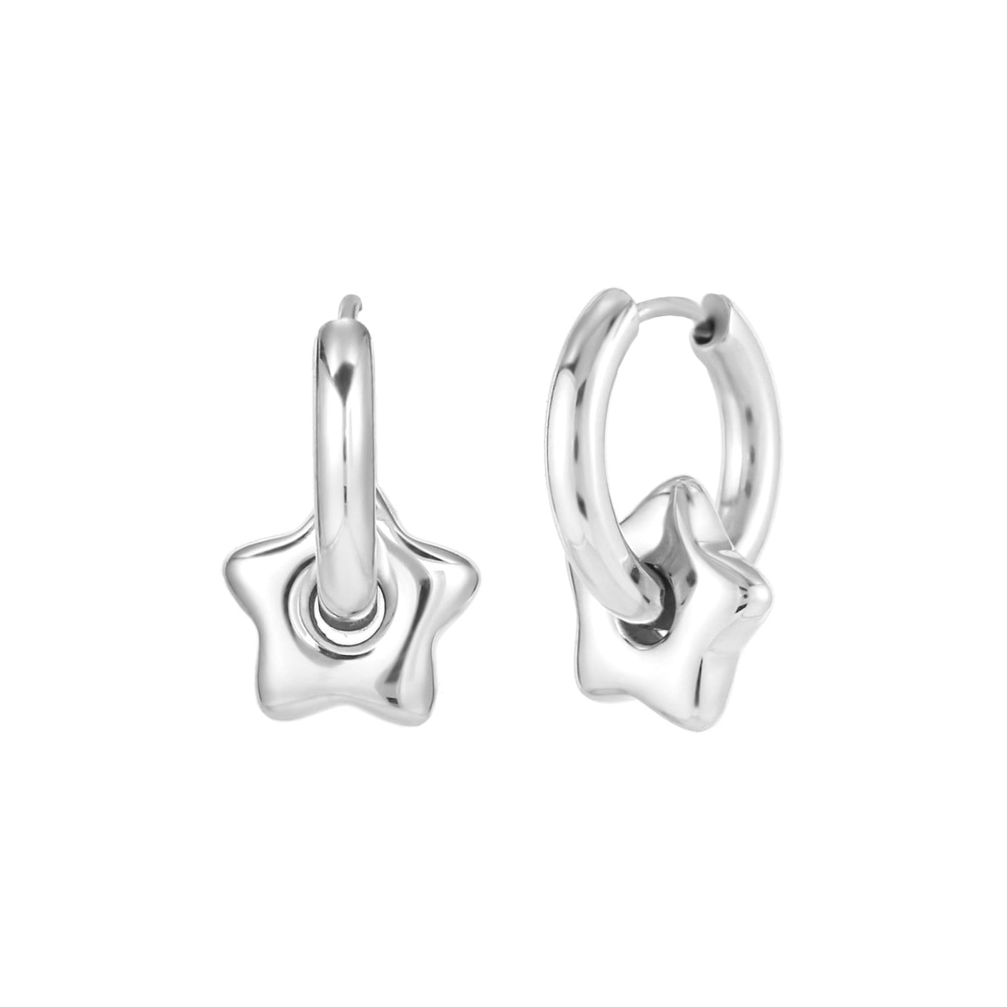 pendientes  largos de aro 2 en 1 resistentes al agua porque están confeccionados en acero inoxidable con baño de oro. Tienen un colgante intercambiable de estrella. Gold plated stainless Steel star pendant waterproof hoop earrings for piercing 