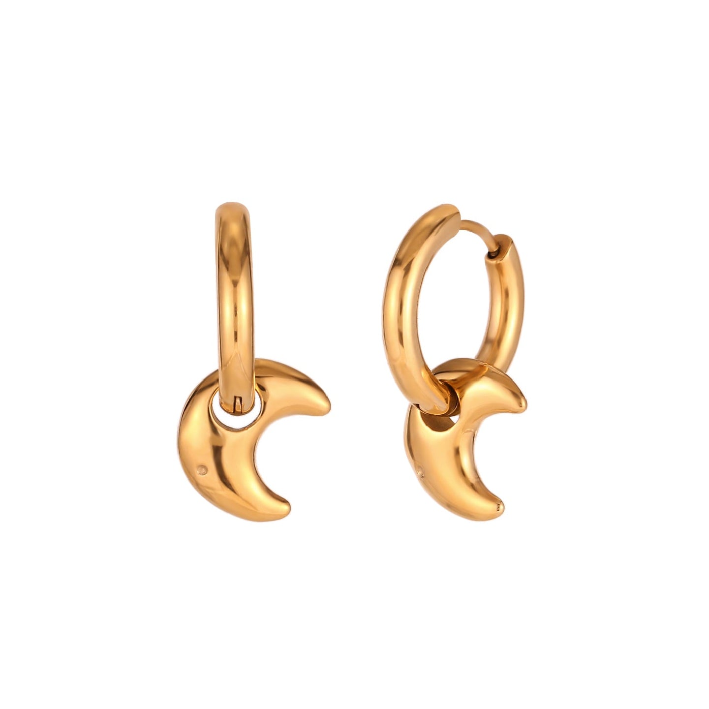 pendientes  largos de aro 2 en 1 resistentes al agua porque están confeccionados en acero inoxidable con baño de oro. Tienen un colgante intercambiable de luna. Gold plated stainless Steel star pendant waterproof hoop earrings for piercing 