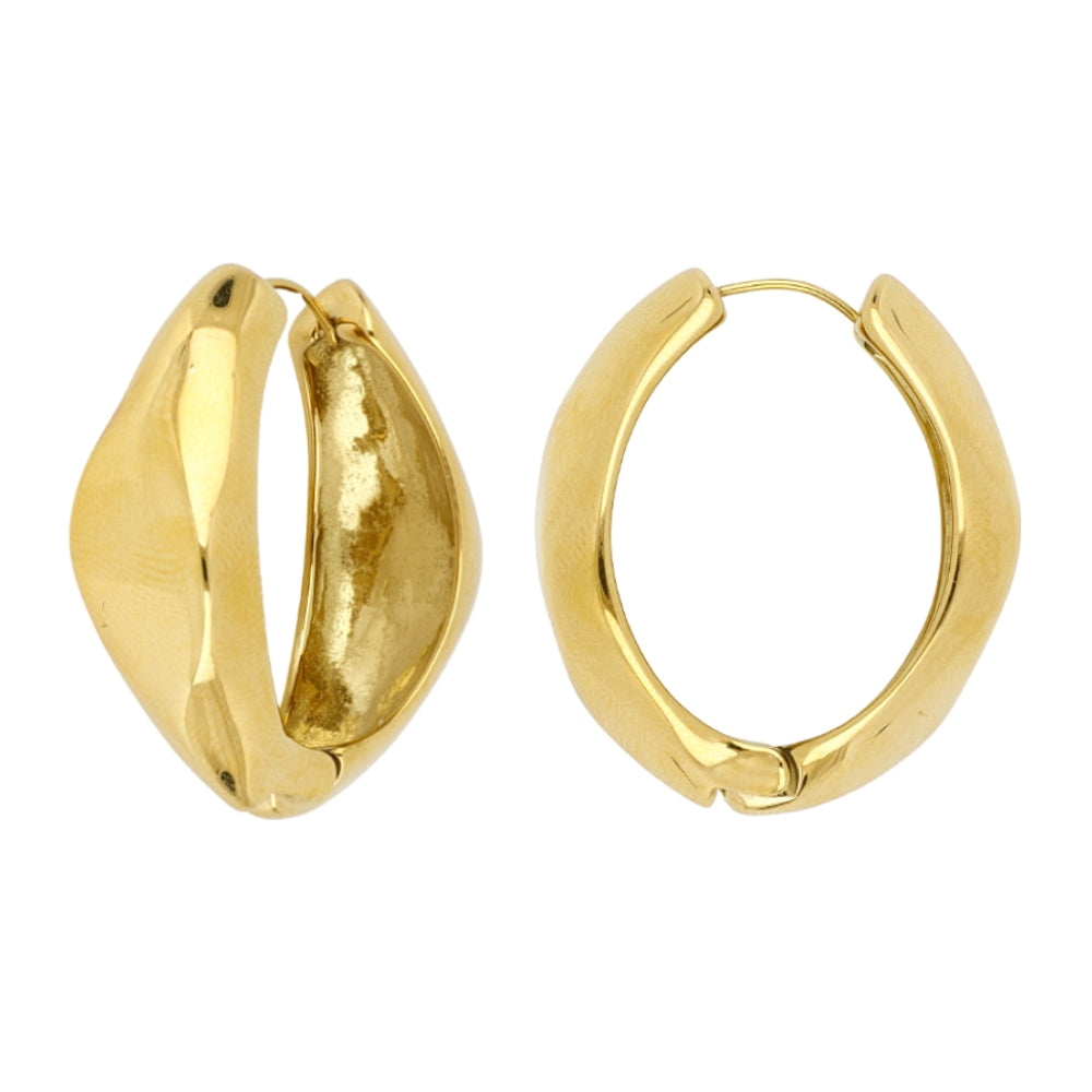 pendientes de aro grande con forma de onda en acero hipoalergénico y resistente al agua. disponibles en dorado y plateado. gold plated stainless steel wavy hoop earrings