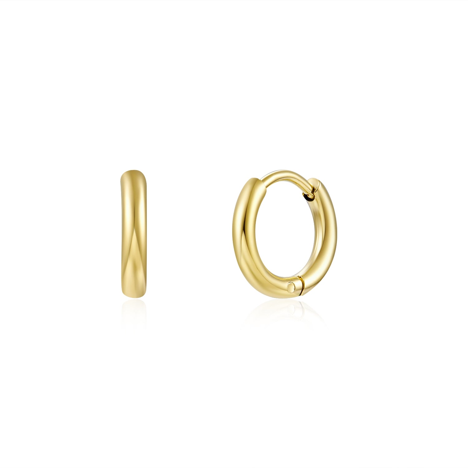 Aros básicos de piercing básicos con cierre fácil resistentes al agua. Son hipoalergénicos y están confeccionados en acero inoxidable con baño de oro 18 kilates. Gold plated stainless steel waterproof hoop earrings for helix piercing.