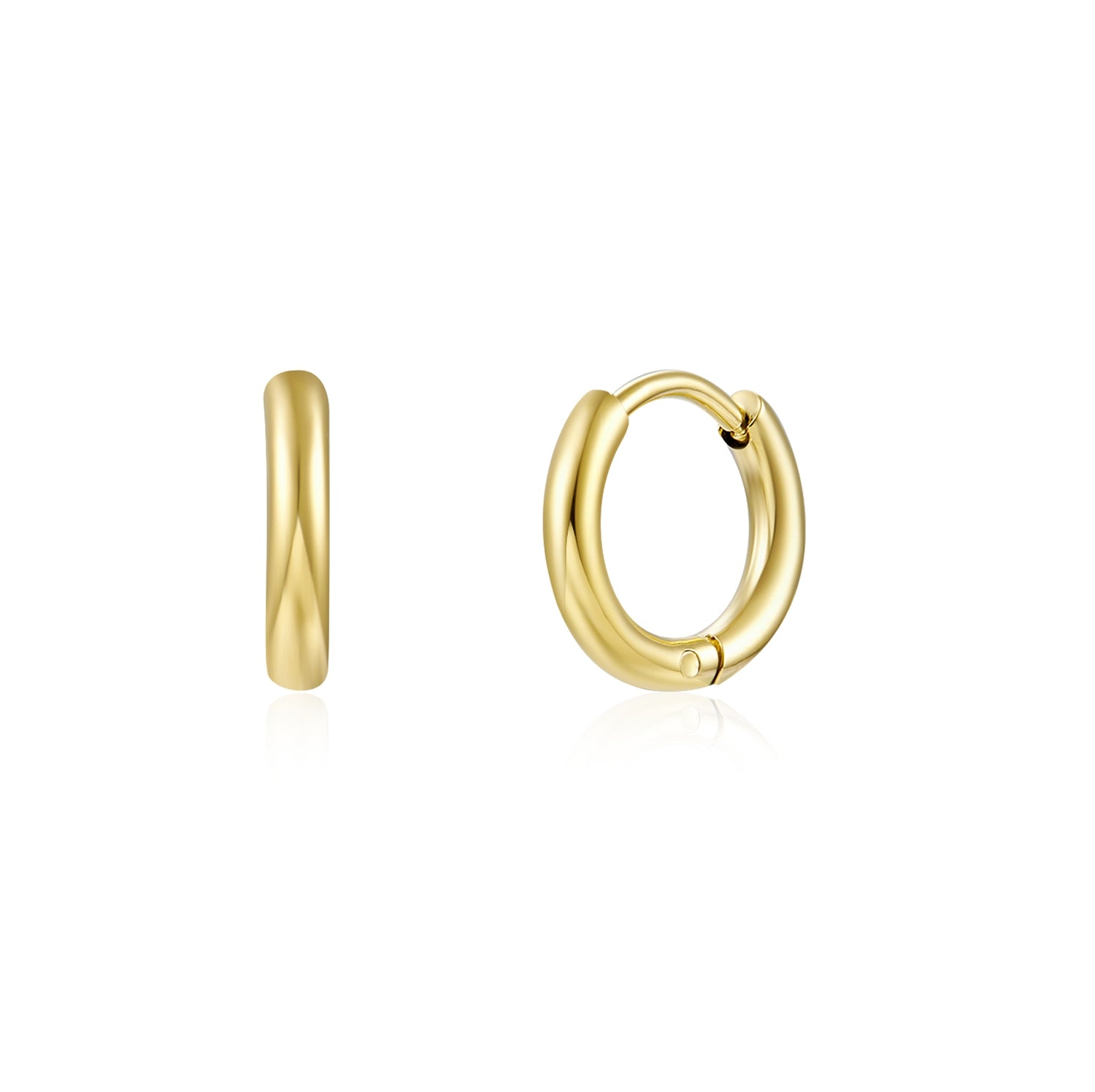 Aros básicos de piercing básicos con cierre fácil resistentes al agua. Son hipoalergénicos y están confeccionados en acero inoxidable con baño de oro 18 kilates. Gold plated stainless steel waterproof hoop earrings for helix piercing.