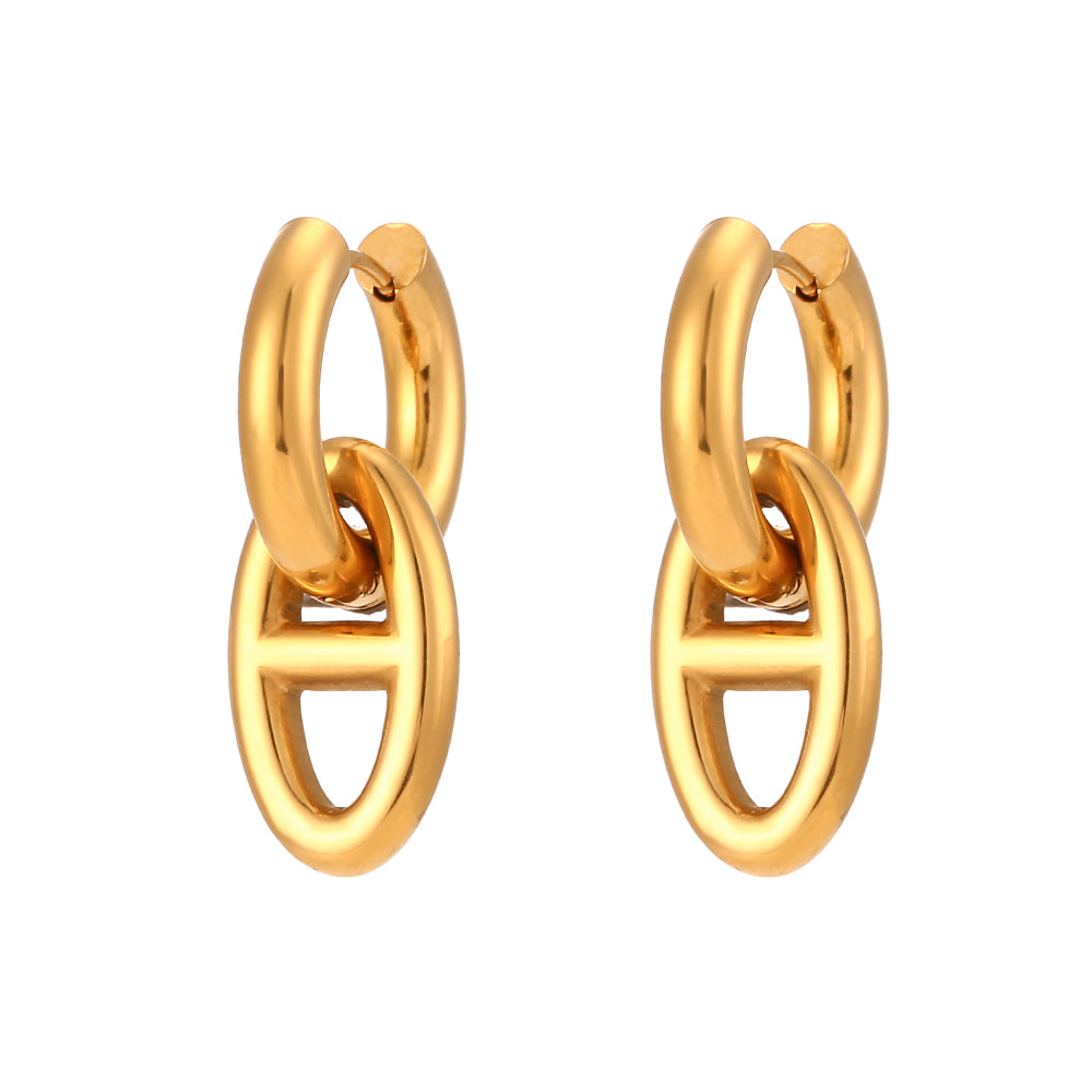 pendientes de aro 2 en 1 desmontables con colgante de eslabon calabrote. Son de acero hipoalergénico y resistentes al agua. Color dorado. 