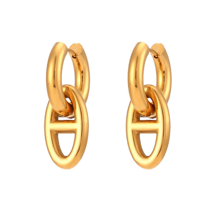 pendientes de aro 2 en 1 desmontables con colgante de eslabon calabrote. Son de acero hipoalergénico y resistentes al agua. Color dorado. 