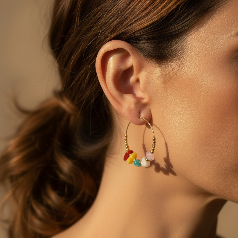 pendientes boho de aro medianos con piedra natural en color rojo coral, amarillo, turquesa, rosa y blanco. son de acero hipoalergénico bañado en oro y resistentes al agua. Gold plated stainless steel turquoise waterproof hoop earrings 