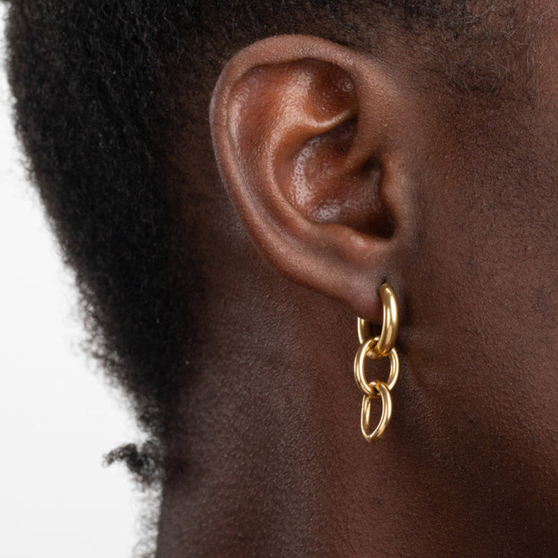 pendientes de aro 2 en 1 desmontables con colgante de eslabones. Son de acero hipoalergénico y resistentes al agua. Color dorado. 