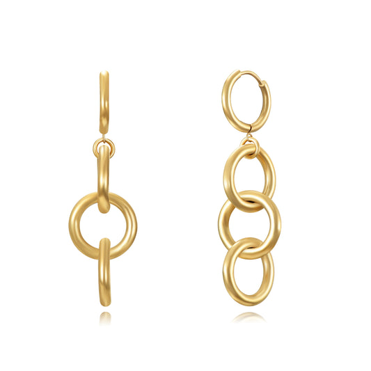 pendientes de aro 2 en 1 desmontables con colgante de eslabones. Son de acero hipoalergénico y resistentes al agua. Color dorado. 