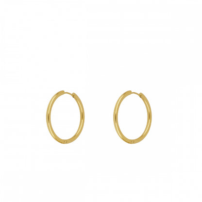 Aros básicos grandes de piercing con cierre fácil resistentes al agua. Son hipoalergénicos y están confeccionados en acero inoxidable con baño de oro 18 kilates. Gold plated stainless steel waterproof hoop earrings for piercing.