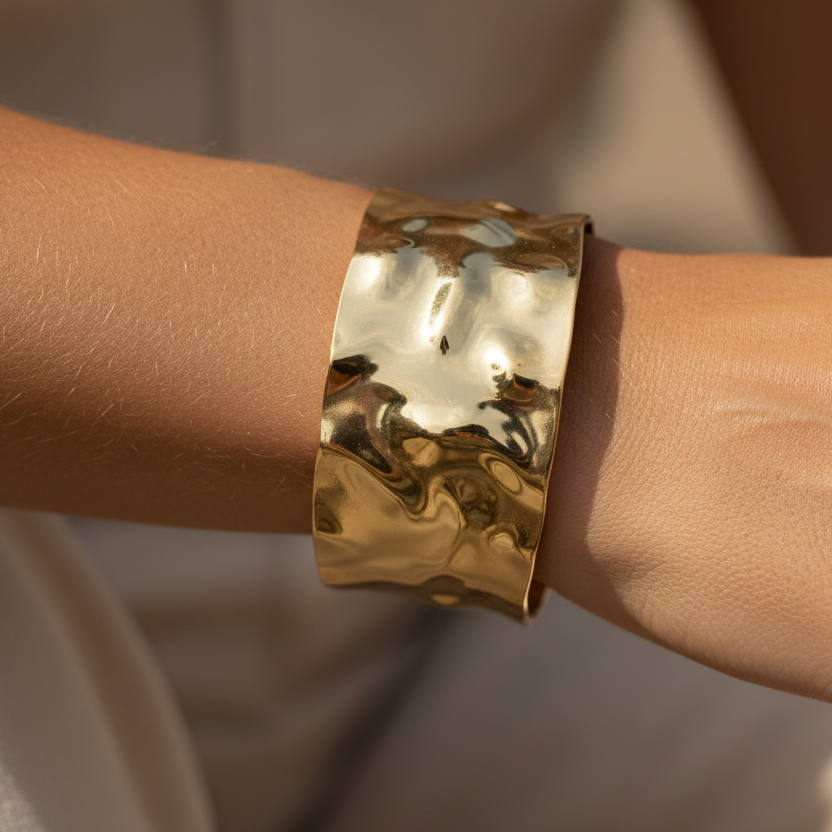 Pulsera o brazalete ajustable y ancho resistente al agua. Está confeccionado en acero inoxidable dorado. Es perfecto para looks de invitada a boda o fiestas de noche boho. Gold plated stainless Steel adjustable waterproof bracelet.