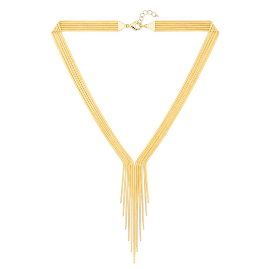 collar largo boho para adolescente o chica joven que lleve escote en v o escote pronunciado. es de cadena larga con flecos. ideal para looks de noche o de fiesta. Es de acero hipoalergénico dorado o plateado y resistente al agua