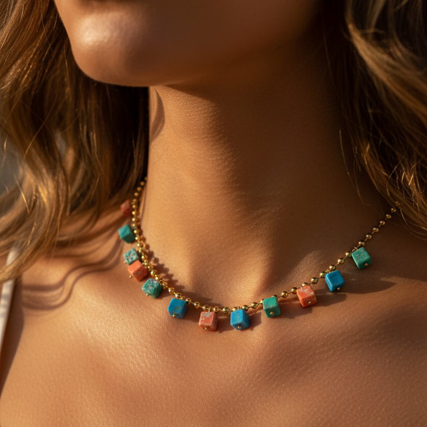 COLLAR waterproof o resistente al agua confeccionada en acero con baño de oro 18 kilates. Tiene abalorios de colores DE piedra natural (CORAL, TURQUESA Y VERDE)