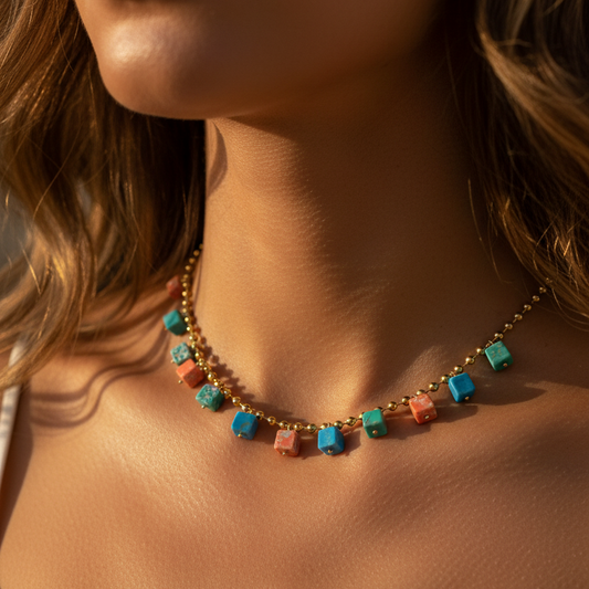 COLLAR waterproof o resistente al agua confeccionada en acero con baño de oro 18 kilates. Tiene abalorios de colores DE piedra natural (CORAL, TURQUESA Y VERDE)