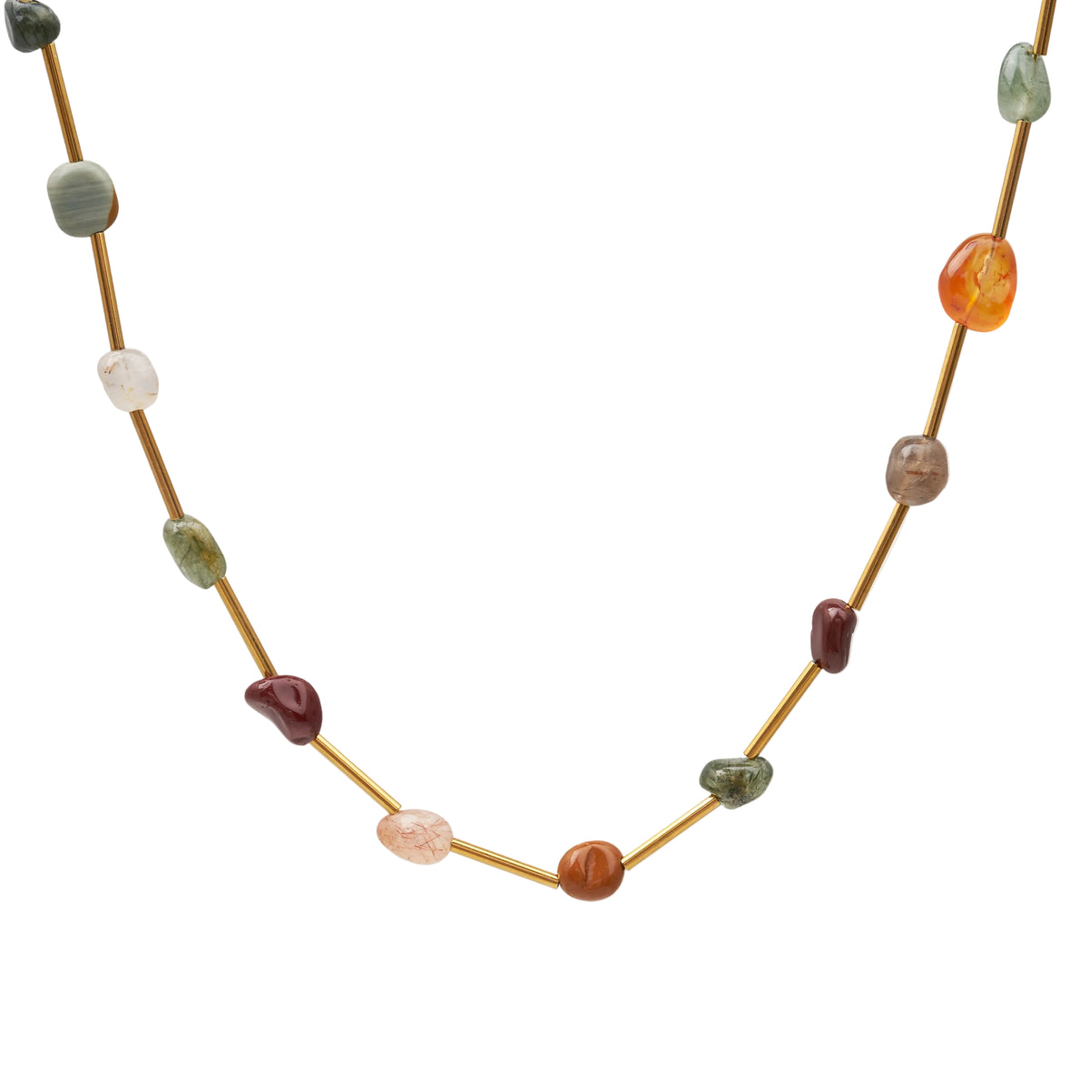 collar o gargantilla boho de acero hipoalergenico resistente al agua. tiene piedras naturales rodocrosita, aventurina, espinela y esta bañada en oro. Gold plated stainless steel turquoise and coral bead waterproof necklace