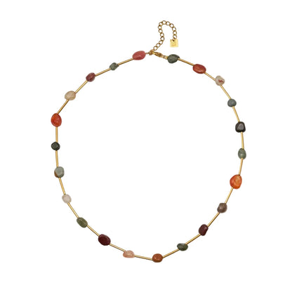 collar o gargantilla boho de acero hipoalergenico resistente al agua. tiene piedras naturales rodocrosita, aventurina, espinela y esta bañada en oro. Gold plated stainless steel turquoise and coral bead waterproof necklace