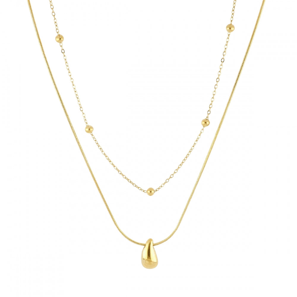 Collar boho de dos cadenas juntas, una de bolitas y otra con colgante de lágrima o gota. Es de acero hipoalergénicos resistente al agua. Son 2 collares en 1.