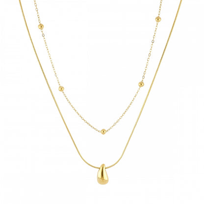 Collar boho de dos cadenas juntas, una de bolitas y otra con colgante de lágrima o gota. Es de acero hipoalergénicos resistente al agua. Son 2 collares en 1.