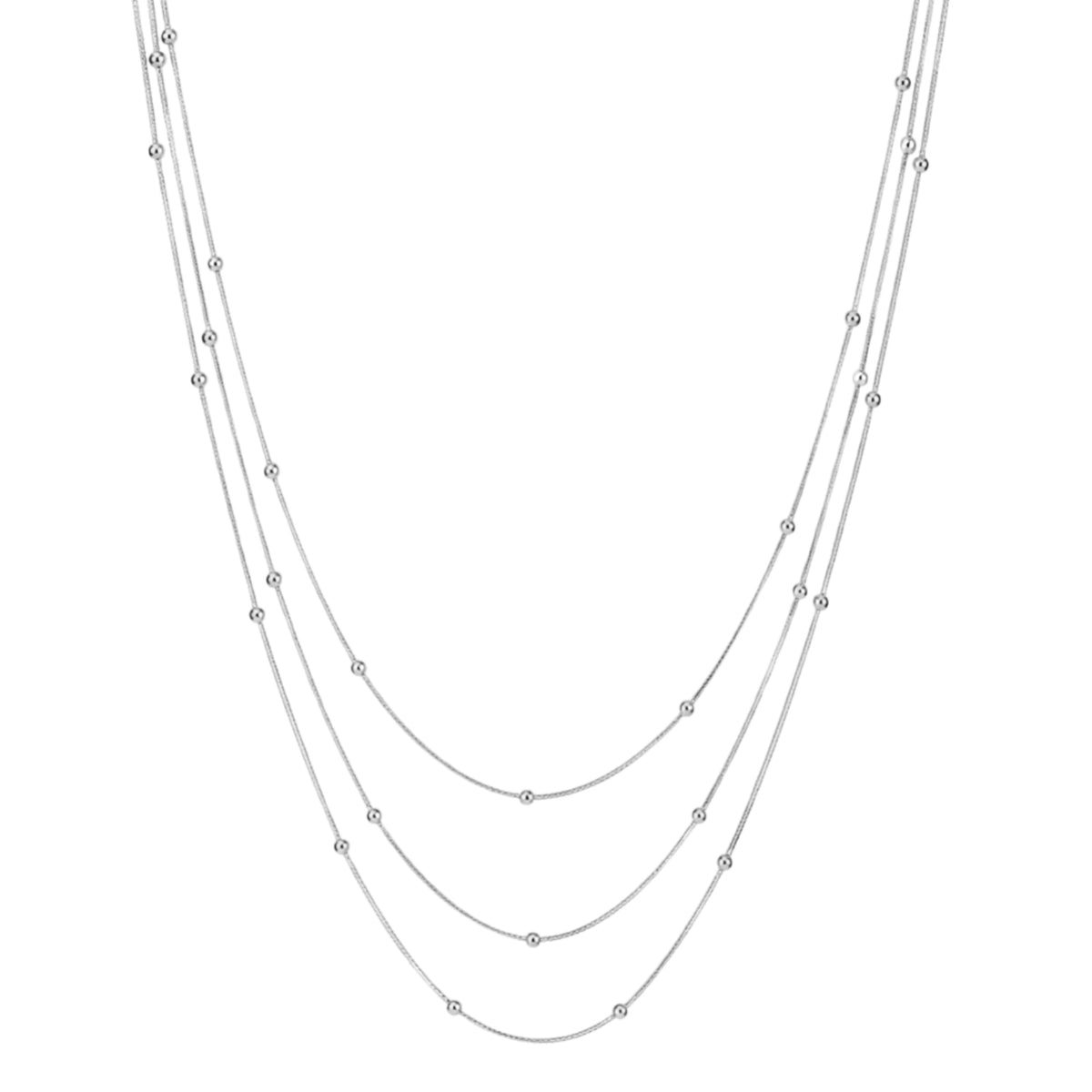 collar triple boho para adolescente o mujer joven que lleve escote palabra de honor, escote en v o escote pronunciado. es de 3 cadenas con bolitas. ideal para looks de noche o de fiesta. Es de acero hipoalergénico dorado o plateado y resistente al agua