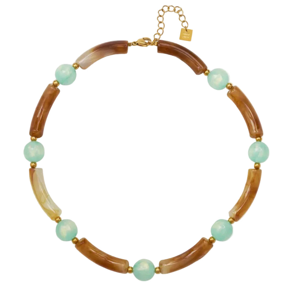 collar para verano tipo anna winthour con abalorios color ámbar o miel y turquesa.