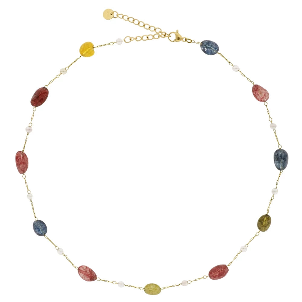 collar de cadena piedra natural jade color rojo,, azul y amarillo verdoso. Es de acero hipoalergénico y resistente al agua. Acabado dorado y plateado. 