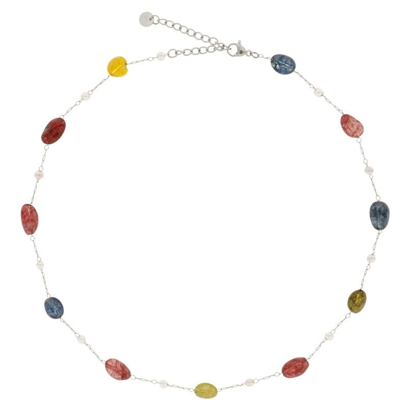 collar de cadena piedra natural jade color rojo,, azul y amarillo verdoso. Es de acero hipoalergénico y resistente al agua. Acabado dorado y plateado. 