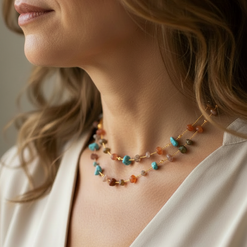 collar boho fino con piedra natural. Es de acero hipoalergénico y resistente al agua.