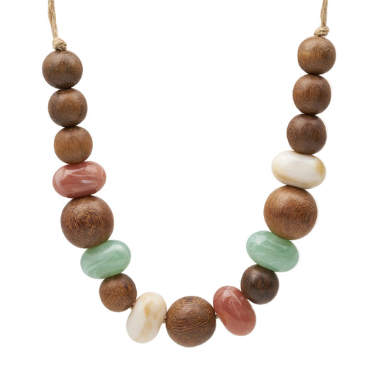 collar de bolas de madera y PIEDRA NATURAL para verano con colores beige, verde menta,   rosa, marron. eS AJUSTABLE PARA QUE PUEDAS LLEVARLO CORTO O LARGO