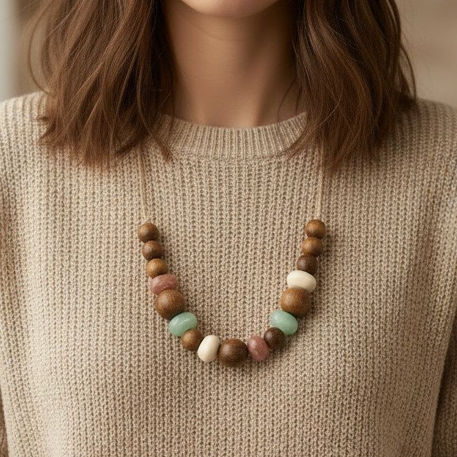 collar de bolas de madera y PIEDRA NATURAL para verano con colores beige, verde menta,   rosa, marron. eS AJUSTABLE PARA QUE PUEDAS LLEVARLO CORTO O LARGO