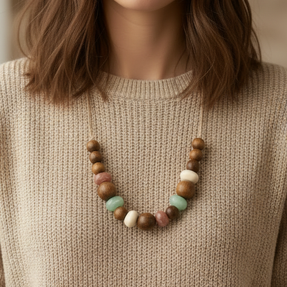 collar de bolas de madera y PIEDRA NATURAL para verano con colores beige, verde menta,   rosa, marron. eS AJUSTABLE PARA QUE PUEDAS LLEVARLO CORTO O LARGO