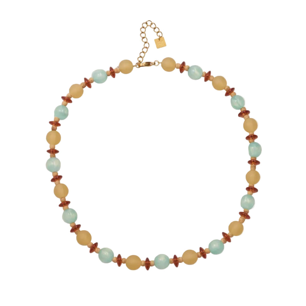 collar para verano tipo anna winthour con abalorios color ámbar o miel y turquesa.