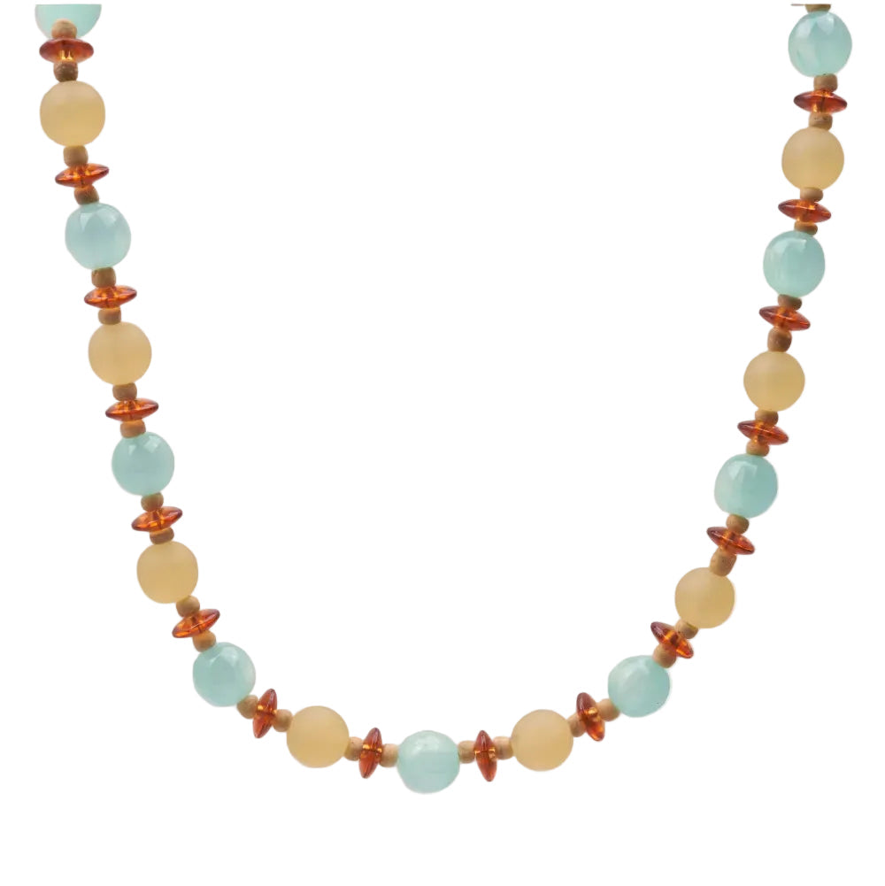 collar para verano tipo anna winthour con abalorios color ámbar o miel y turquesa.