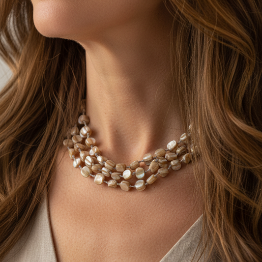collar con cuentas de nácar beige o marron claro para mujer