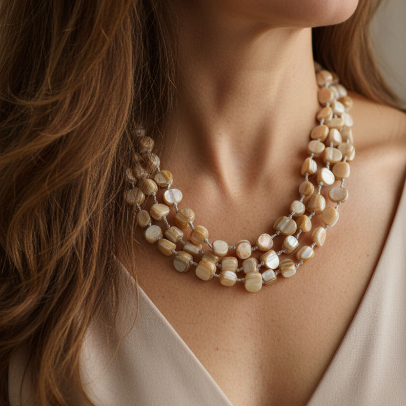 collar con cuentas de nácar beige o marron claro para mujer