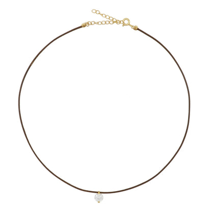 collar de hilo o cordón en color marron con brillante punto de luz. Gold plated sterling silver bead brown thread zircon necklace.