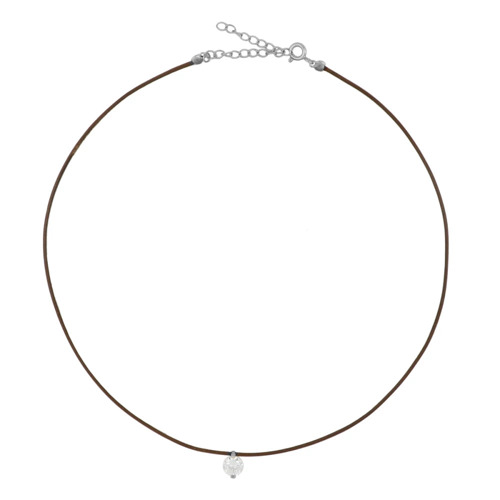 collar de hilo o cordón en color marron con brillante punto de luz. Gold plated sterling silver bead brown thread zircon necklace.