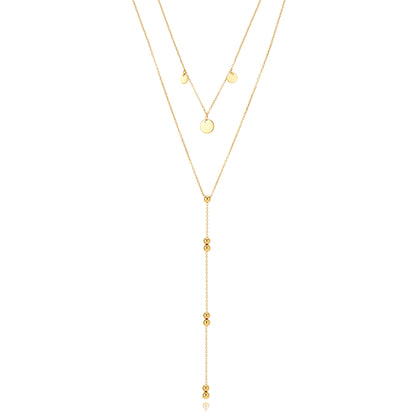 collar largo boho para adolescente o mujer joven que lleve escote palabra de honor, escote en v o escote pronunciado. es de cadena larga con bolas y chapitas colgantes. ideal para looks de noche o de fiesta. Es de acero hipoalergénico dorado o plateado y resistente al agua