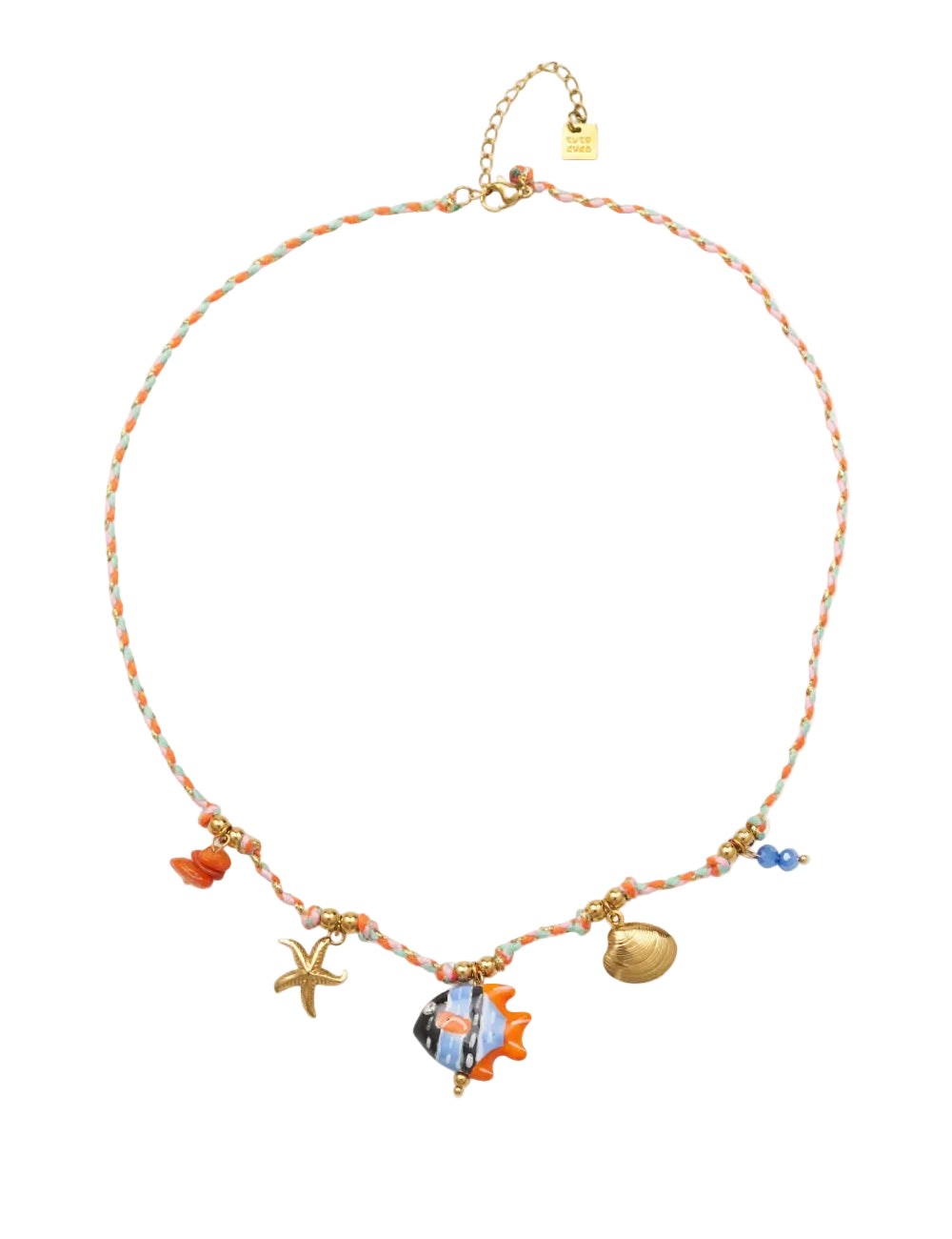 COLLAR para verano de CORDÓN naranja con acero hipoalergénico y waterproof dorado. Los abalorios son concha, estrella de mar y pez en naranja y azul. 