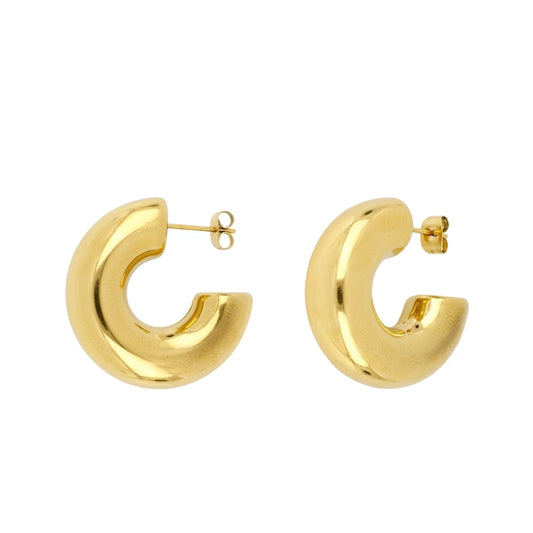 pendientes dorados tipo aro criolla gruesos. Son de acero quirurgico e hipoalergénico, resistentes al agua. Big chunky gold plated stainless steel hoop earrings.