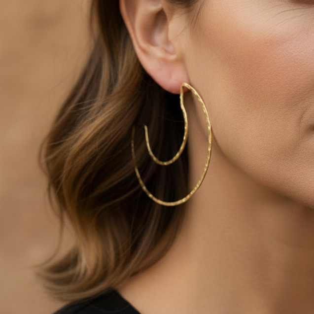 pendientes criolla grandes y ligeros de aro con textura. Son de acero hipoalergénico y resistente al agua. Acabado dorado con forma de media luna.