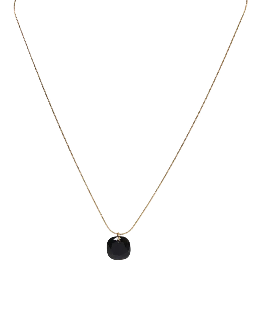 cadena o collar boho con colgante de piedra natural ágata negro hecho de acero hipoalergénico y resistente al agua. Es color oro. Gold plated stainless steel waterproof mineral pendant necklace