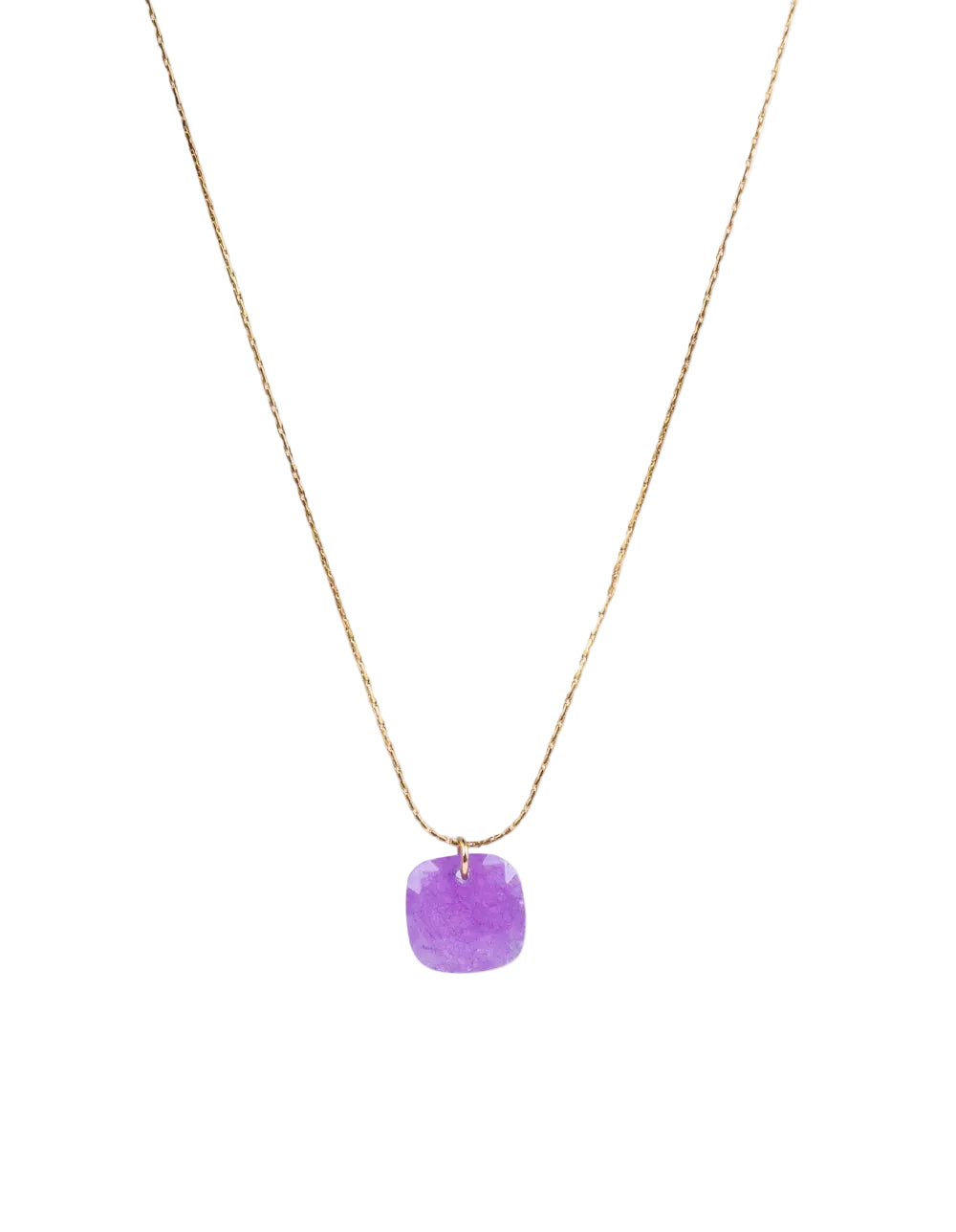 cadena o collar boho con colgante de piedra natural hecho de acero hipoalergénico amatista morado y resistente al agua. Es color oro. Gold plated stainless steel waterproof mineral pendant necklace