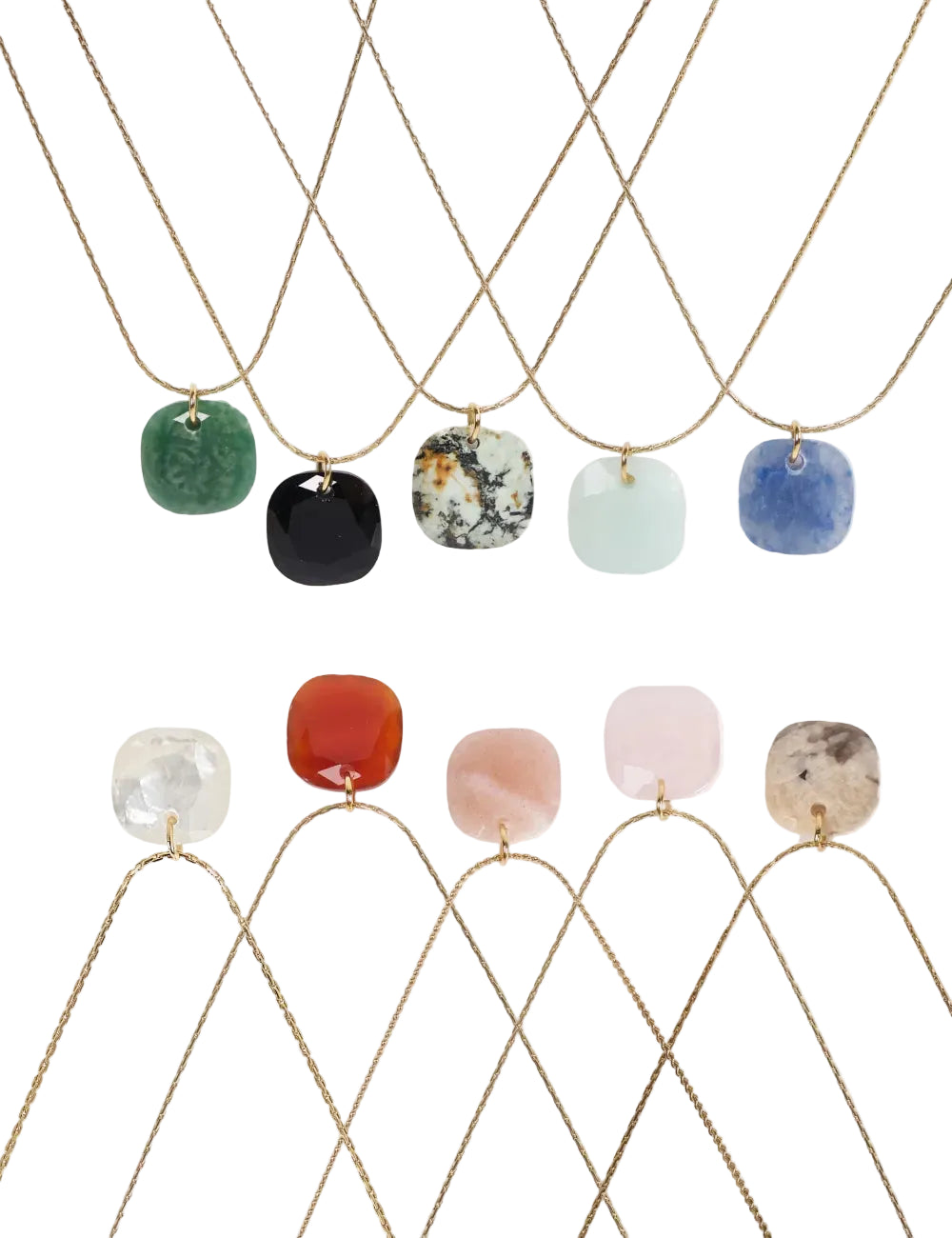 cadena o collar boho con colgante de piedra natural hecho de acero hipoalergénico y resistente al agua. Es color oro. Gold plated stainless steel waterproof mineral pendant necklace