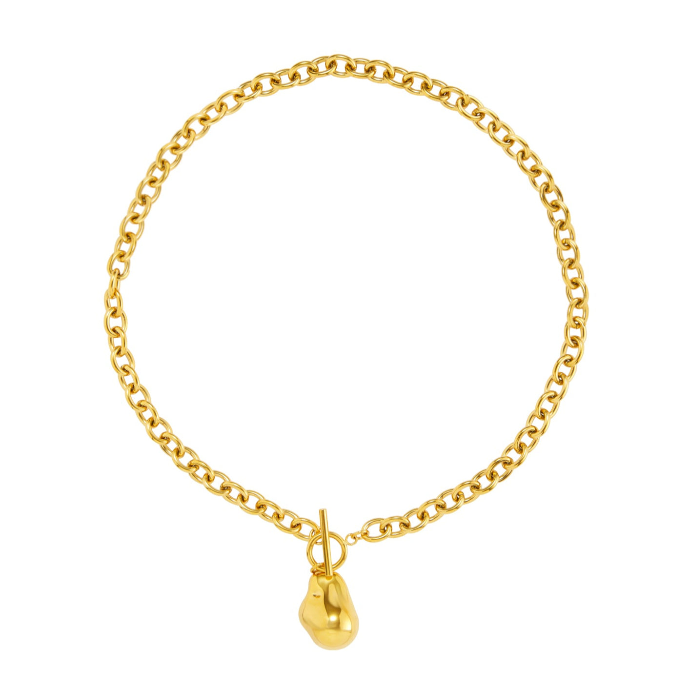 collar dorado o plata de eslabón grueso o gordo confeccionado en acero HIPOALERGÉNICO y resistente al agua. Tiene un colgante en forma de piedra. 