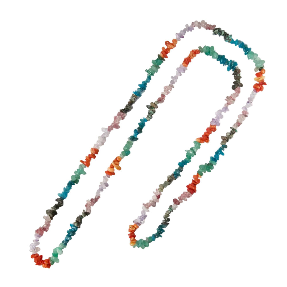 collar largo estilo boho multicolor de piedra natural en minerales ágata roja, amazonita verde, turquesa, rodocrosita rosa, amatista morado y piedra africana. Ideal para verano, para regalar en el día de la madre y para llevar a la playa