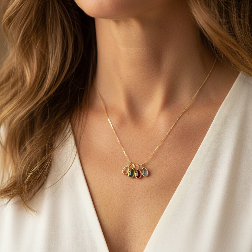 gargantilla boho fina con colgantes muticolor de cristal. Es de acero hipoalergénico y resistente al agua.